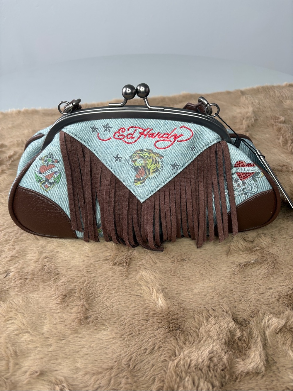 Ed Hardy Brown and Light Denim Fringe Tiger Kiss-Lock Wristlet